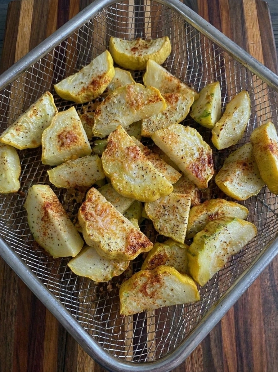 Cooked Air Fryer Patty Pan Squash in the air fryer basket