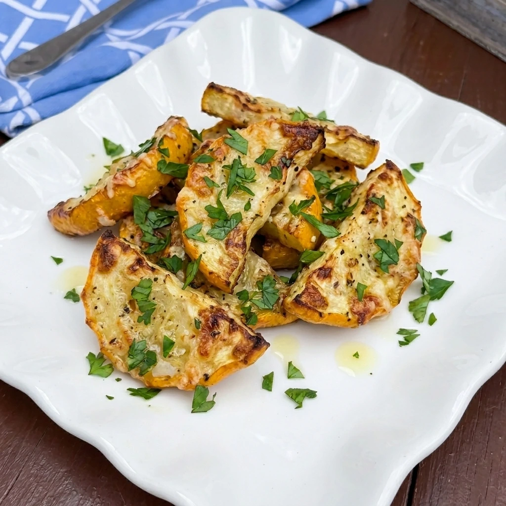 Air Fryer Patty Pan Squash with golden Parmesan edges on a white plate