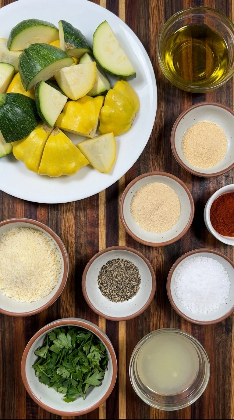 Ingredients for Air Fryer Patty Pan Squash in separate small containers