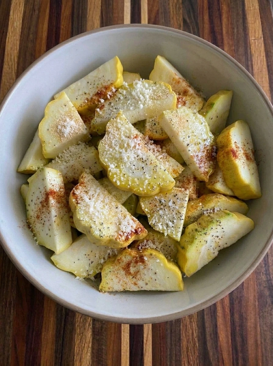 Parmesan scattered over seasoned patty pan squash wedges