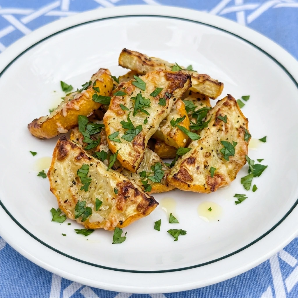 Single serving of Air Fryer Patty Pan Squash with parsley and lemon