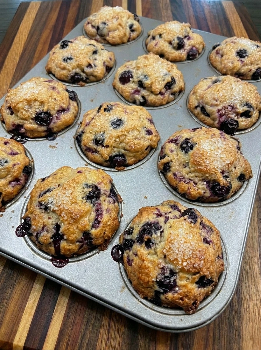 Bakery Style Huckleberry Muffins baked golden in muffin tin