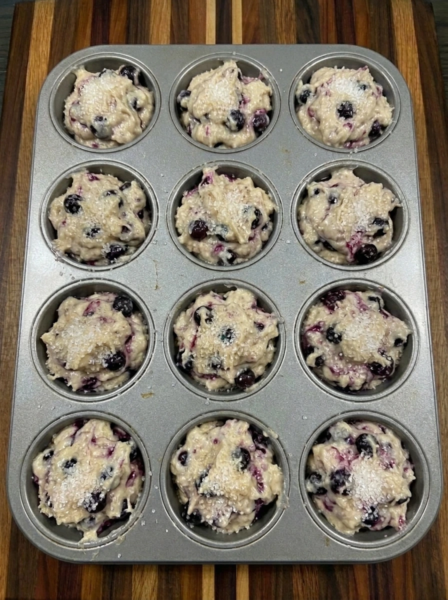 Bakery Style Huckleberry Muffins batter scooped into muffin tin