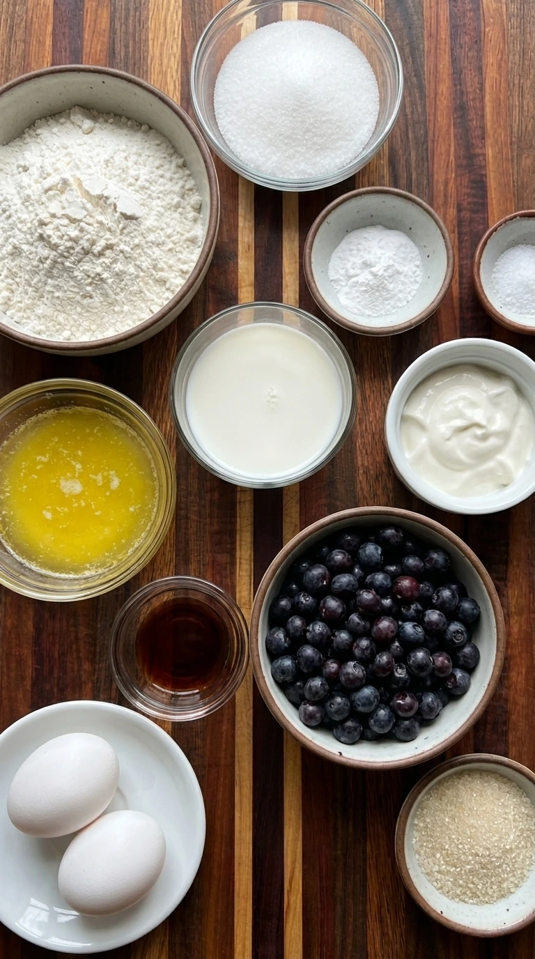 Ingredients for Bakery Style Huckleberry Muffins in separate bowls