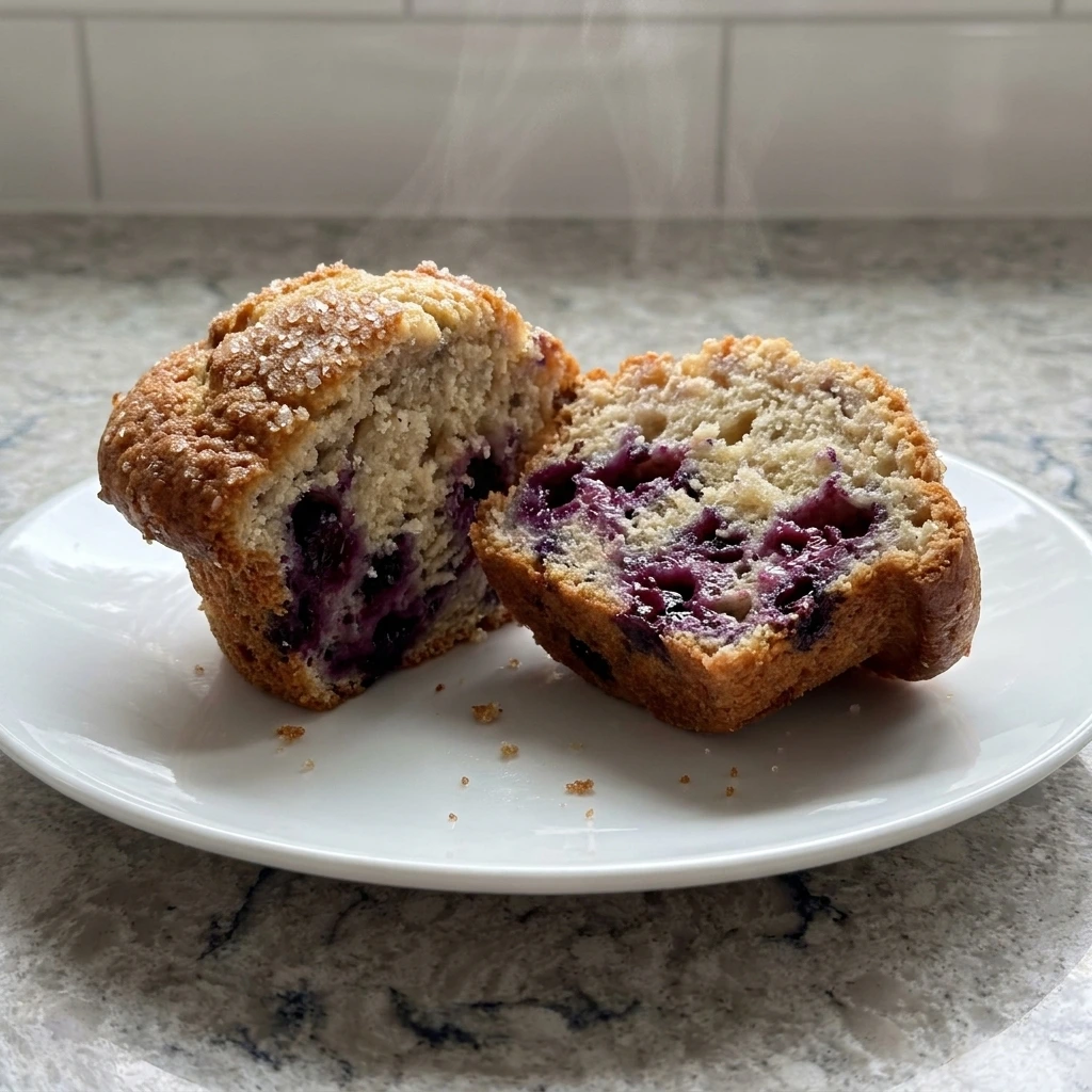 Split Bakery Style Huckleberry Muffin showing soft crumb and berries