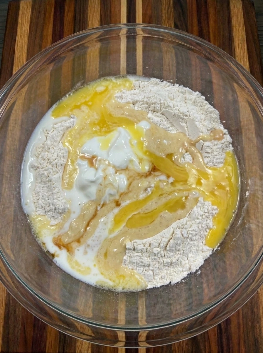 Wet ingredients mixed into Bakery Style Huckleberry Muffins batter