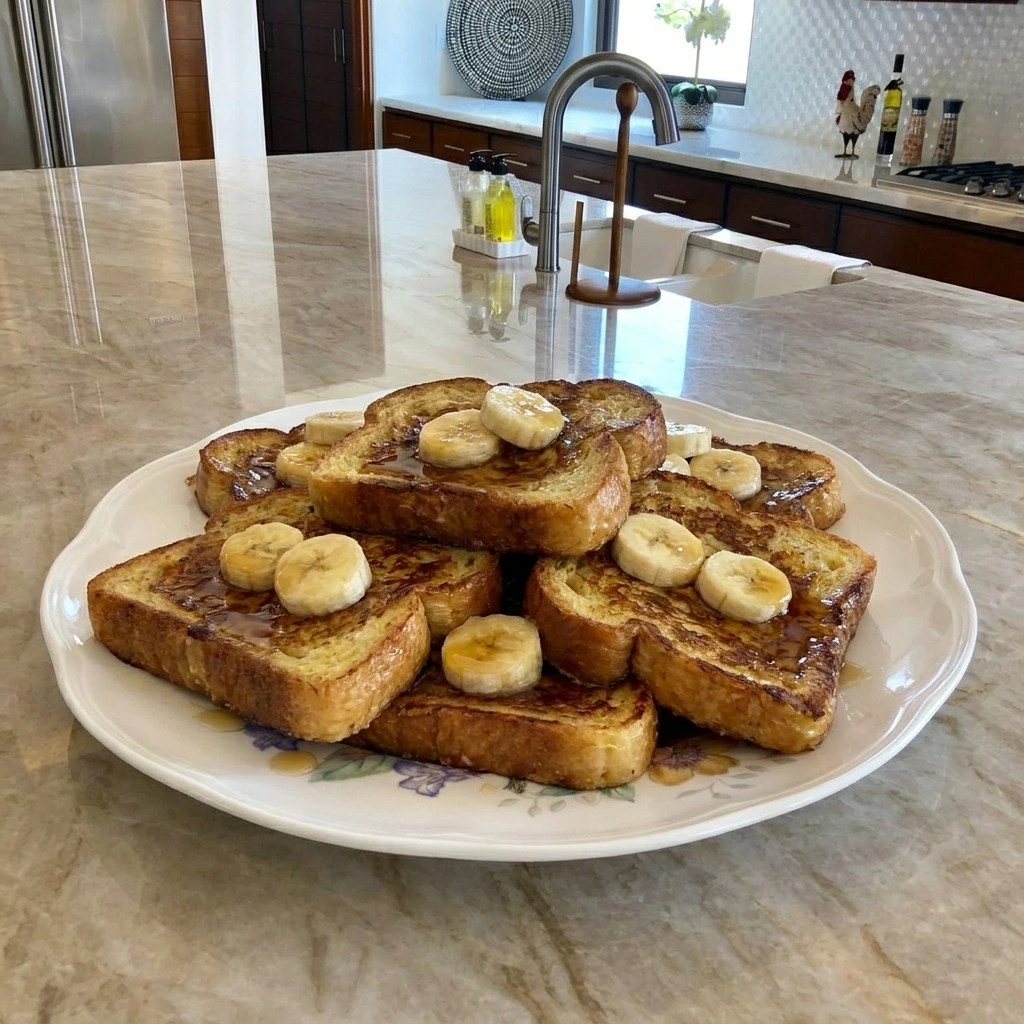 Banana French Toast with golden slices and banana topping