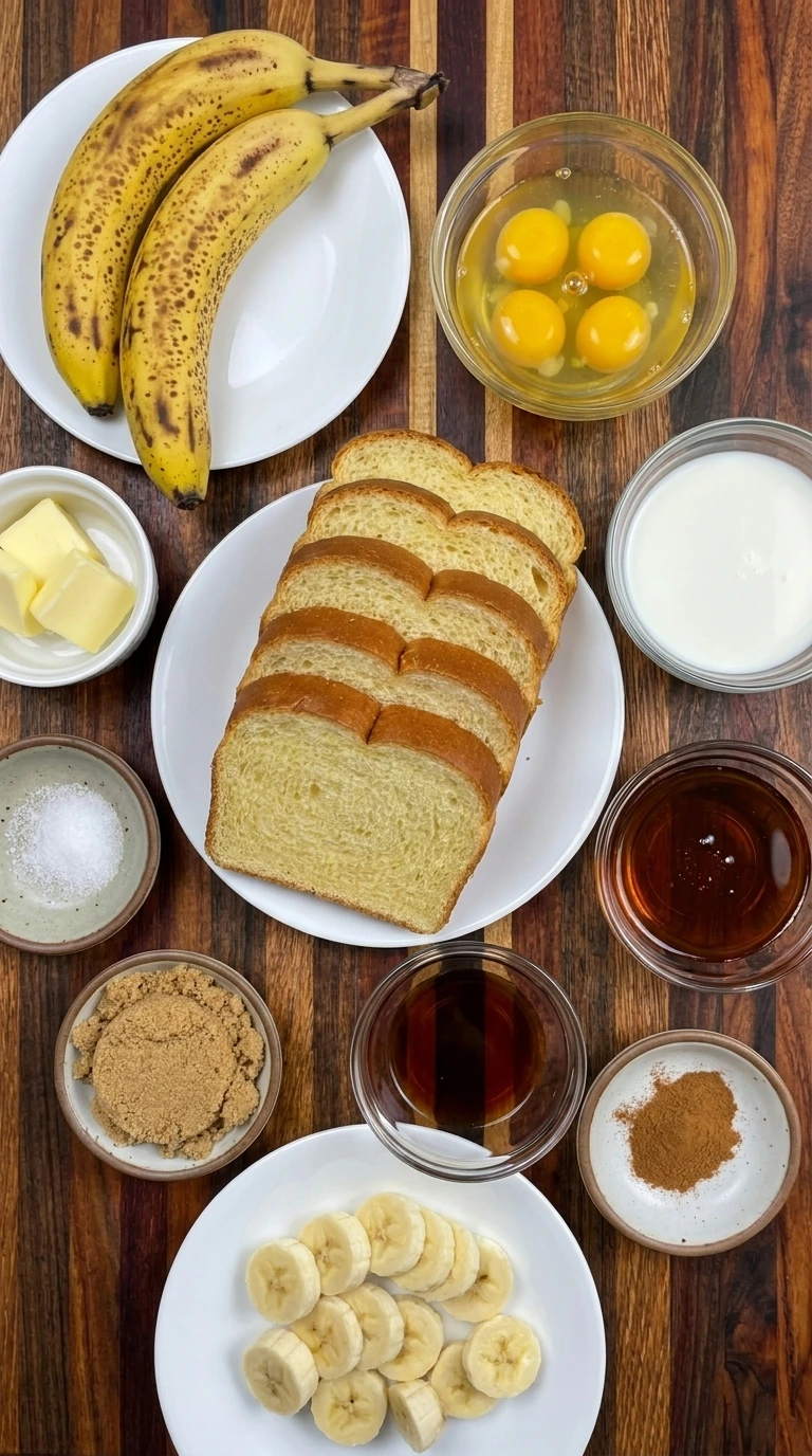 Ingredients for Banana French Toast in separate bowls
