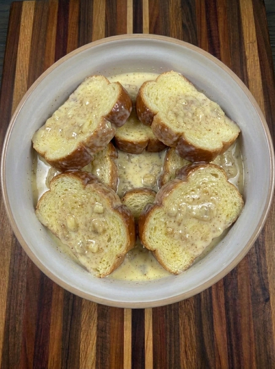 Brioche slices soaking in banana custard