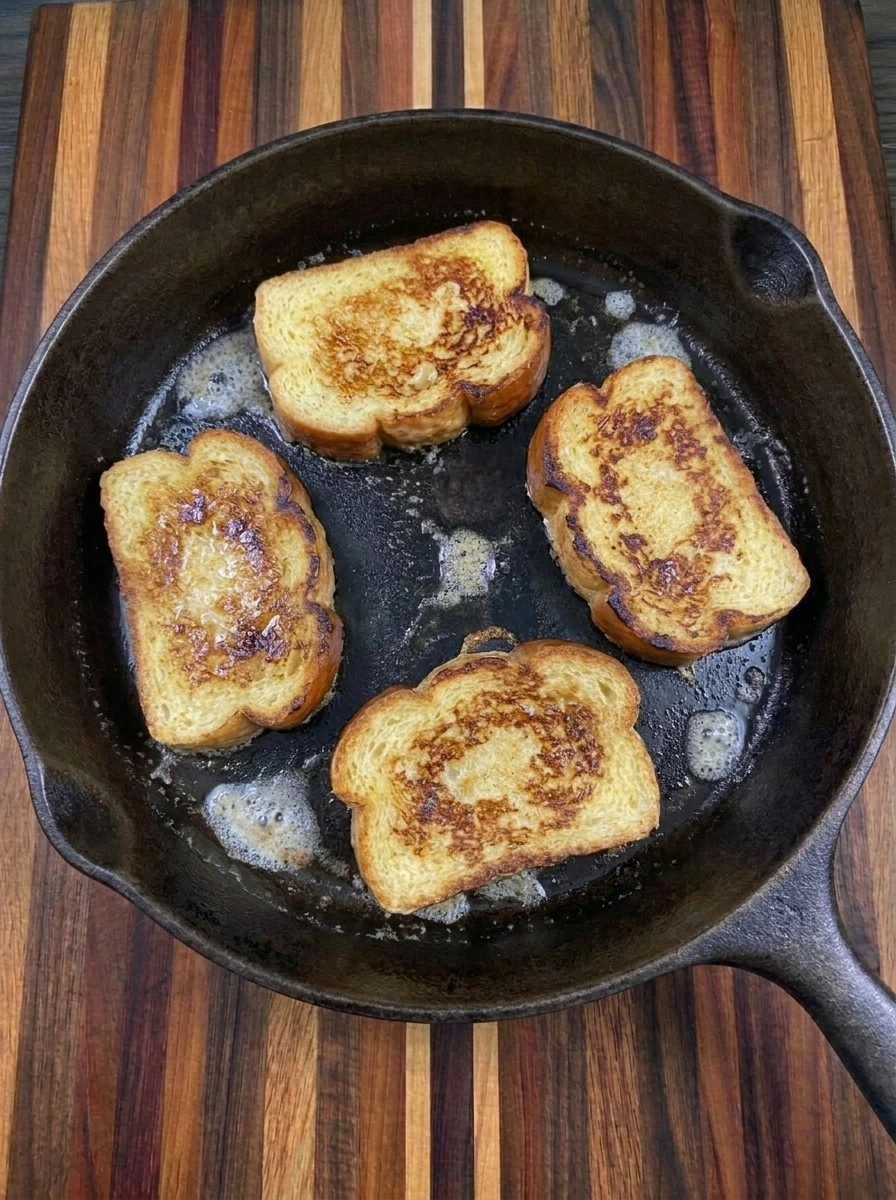 Banana French Toast flipped golden in skillet