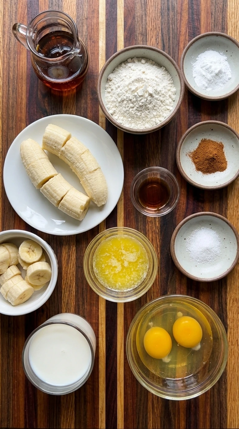 Raw ingredients for Banana Pancakes in separate small containers