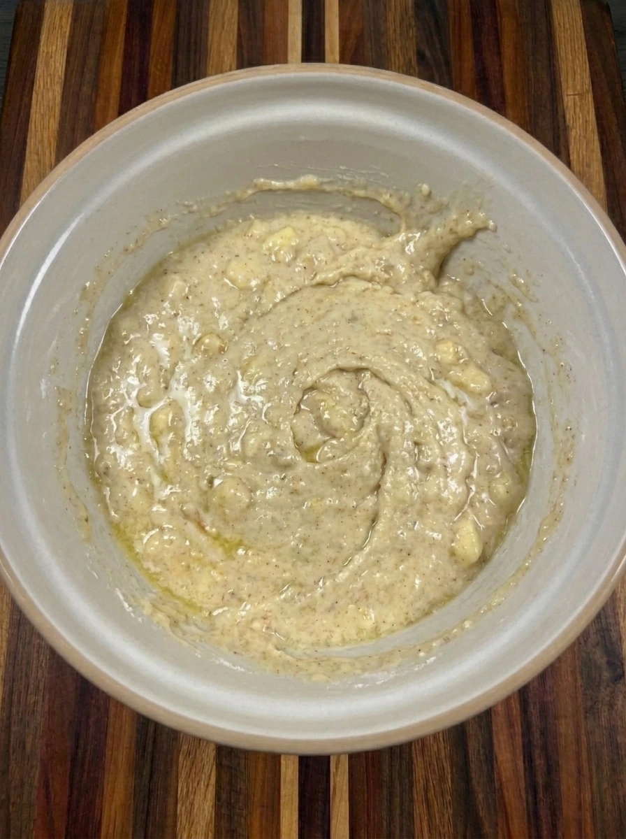 Thick banana pancake batter in a mixing bowl