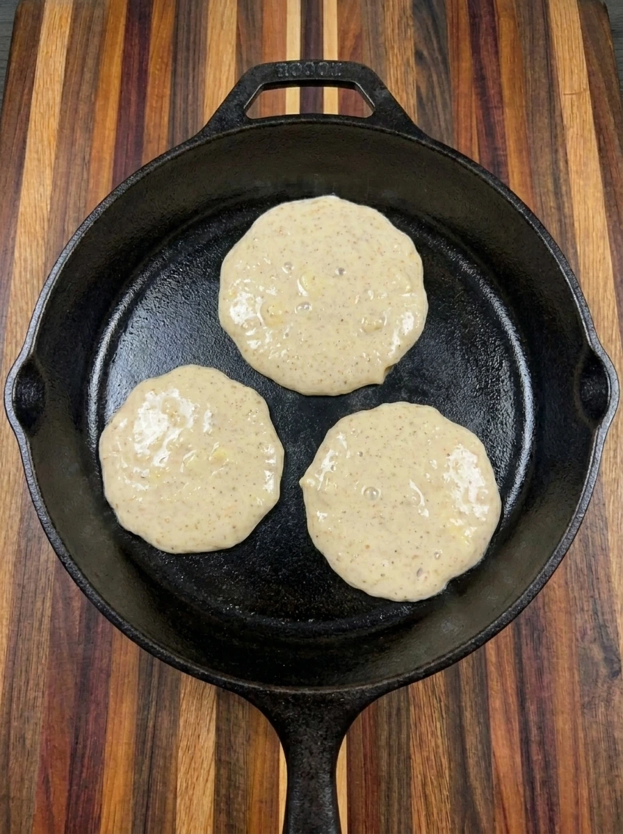 Banana Pancakes batter cooking in a cast iron skillet