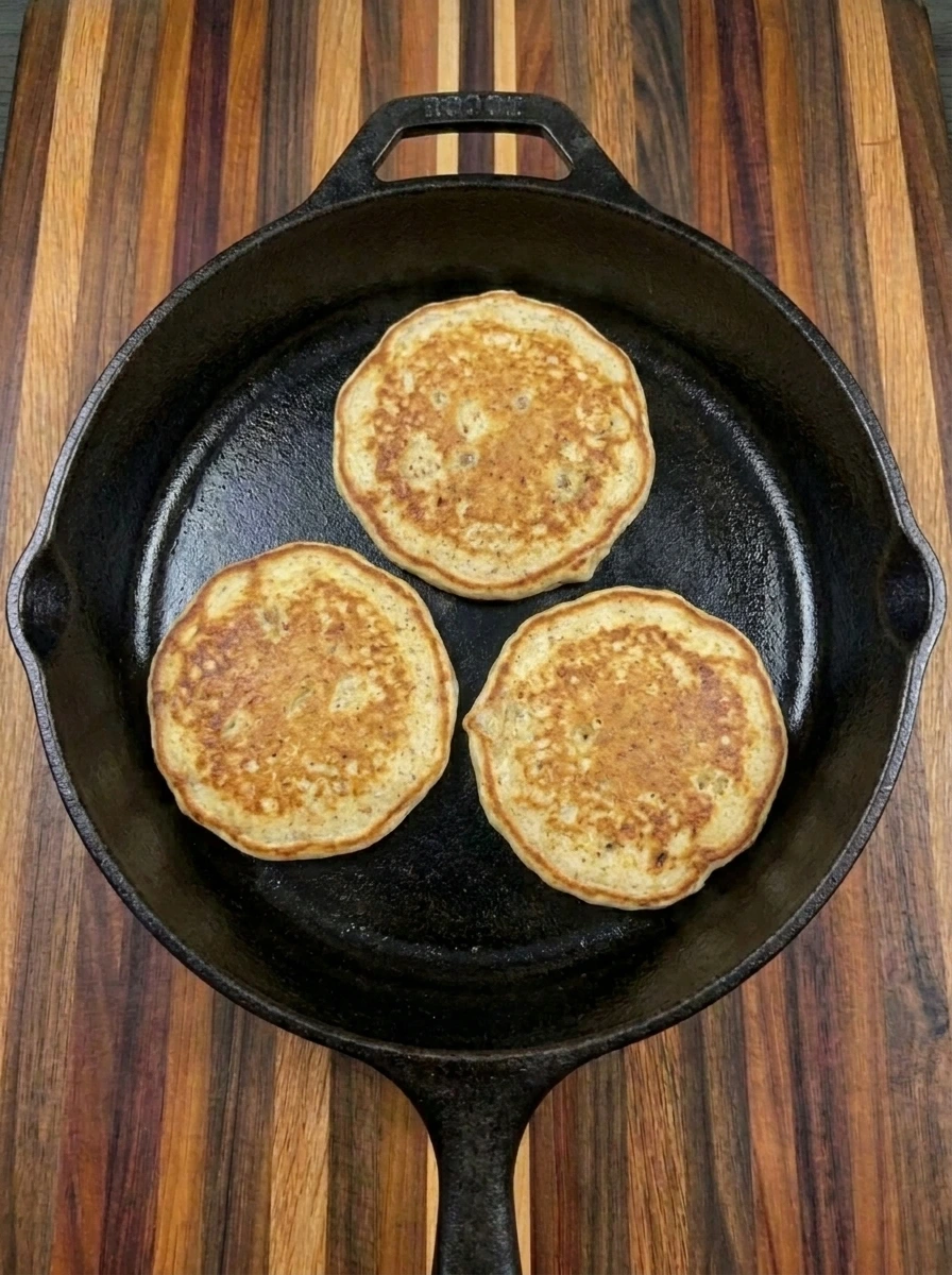 Flipped Banana Pancakes with golden brown tops in skillet