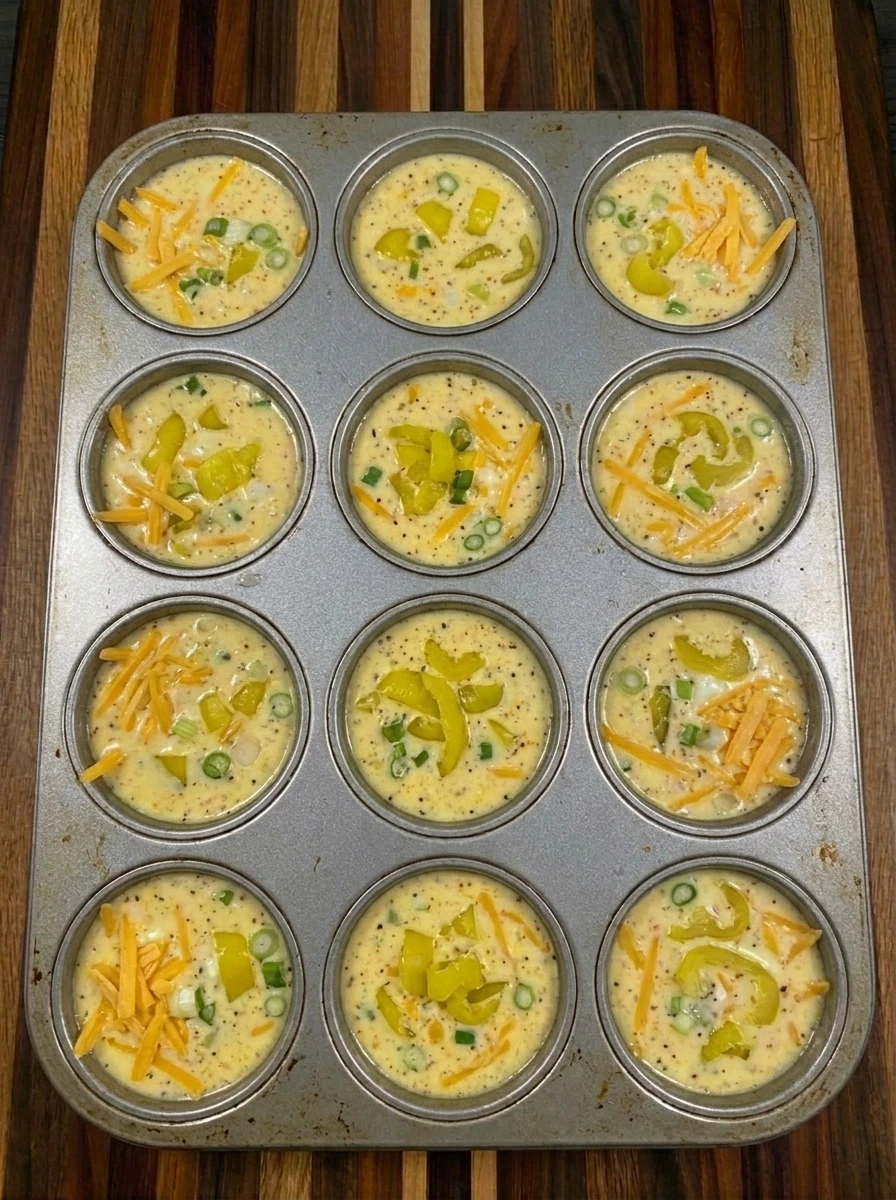 Muffin tin filled with Banana Pepper Egg Bites mixture