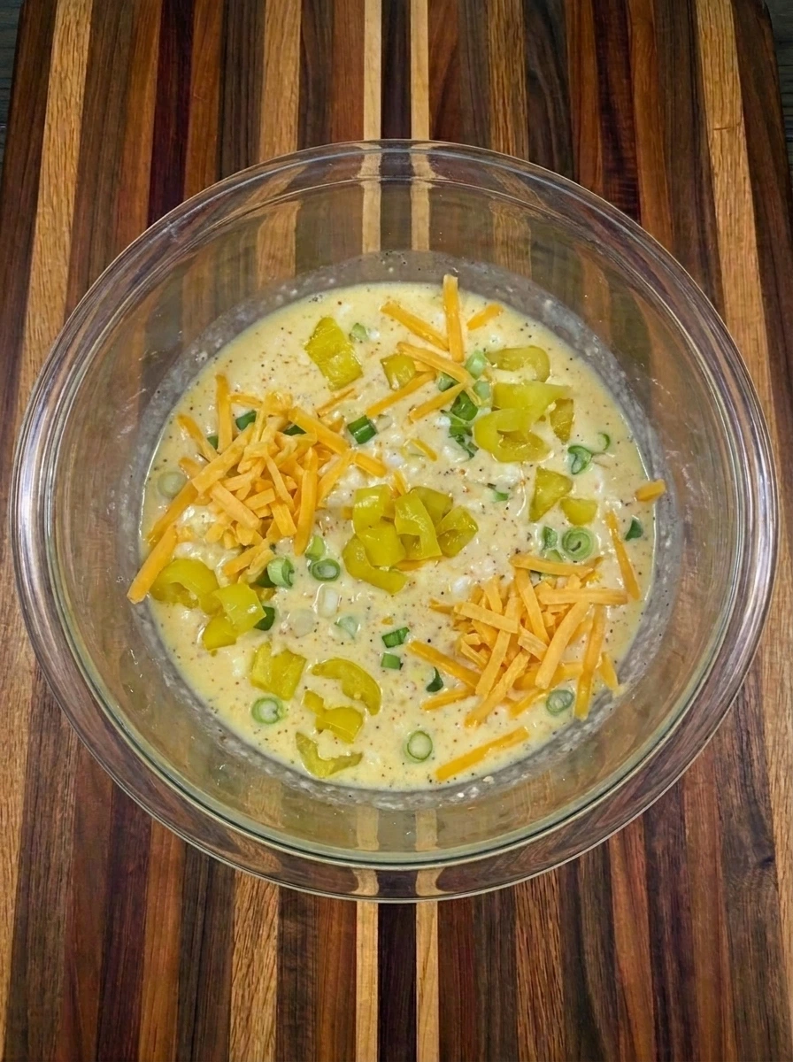 Banana peppers and cheese folded into egg mixture