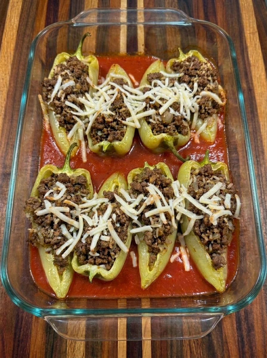 baked banana pepper recipe with melted browned cheese