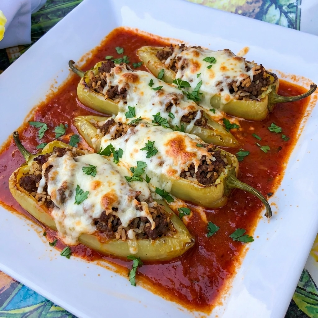 banana pepper recipe with beef rice filling melted cheese and tomato sauce