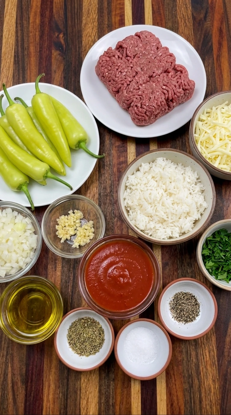 raw ingredients for banana pepper recipe in separate small containers