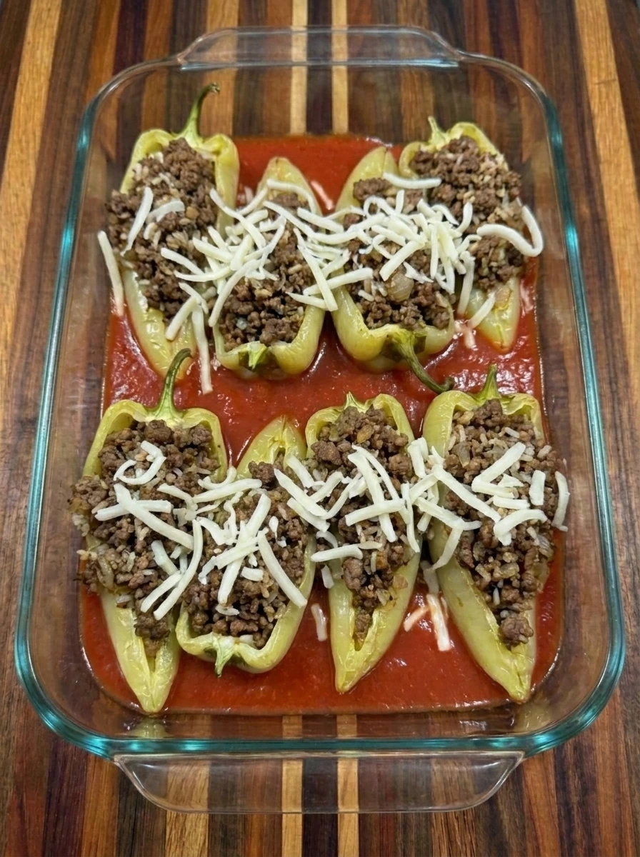 stuffed banana peppers topped with tomato sauce and mozzarella