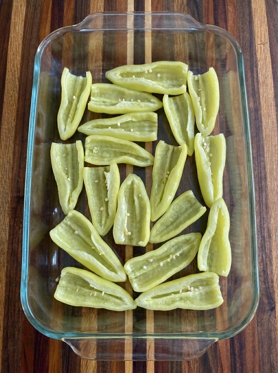 halved banana peppers ready for stuffing