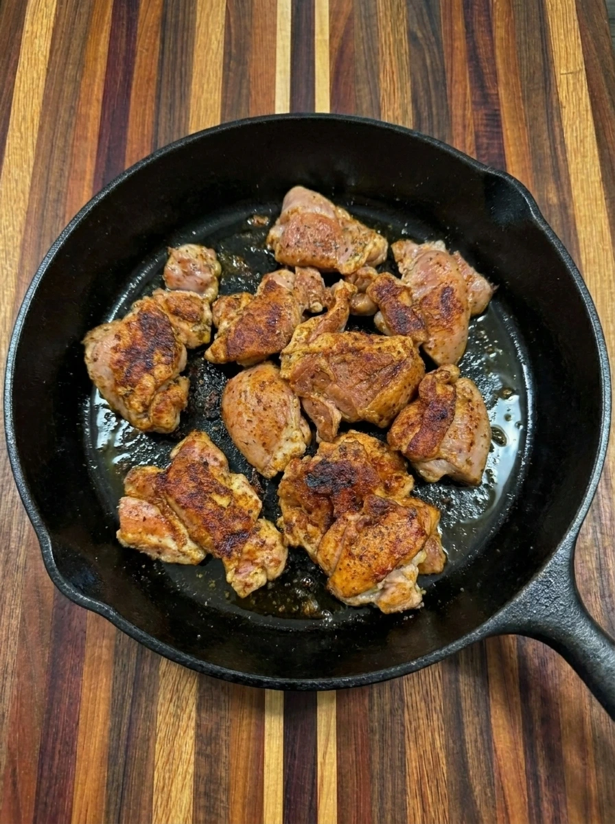 Browned chicken cooking for Banana Pepper Rice Bowls