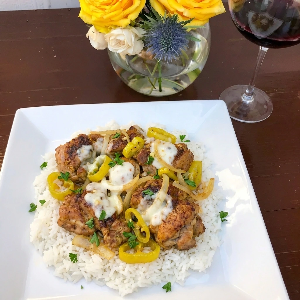 Single serving of Banana Pepper Rice Bowls with melted cheese and parsley