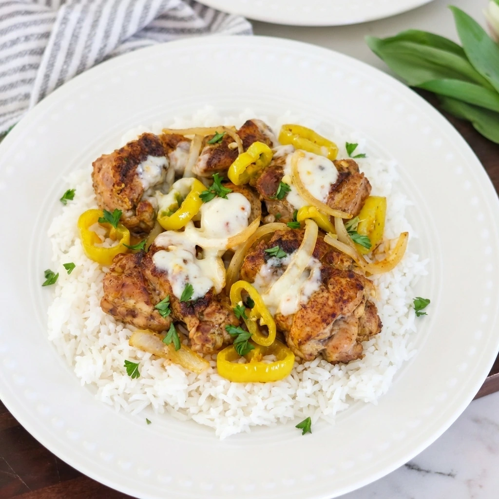 Banana Pepper Rice Bowls with chicken rice melted cheese and tangy peppers