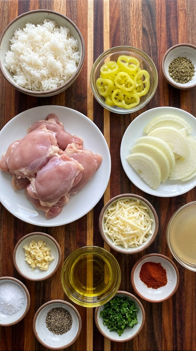 Ingredients for Banana Pepper Rice Bowls in separate small bowls and plates