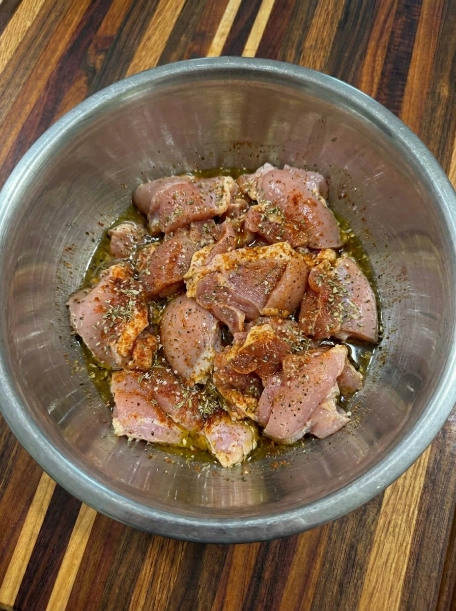 Seasoned chicken pieces for Banana Pepper Rice Bowls