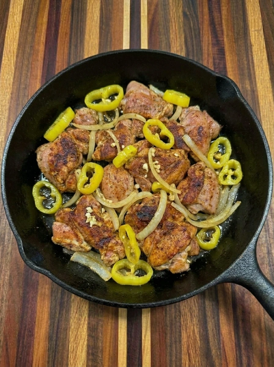 Banana peppers and onions softened with chicken for rice bowls