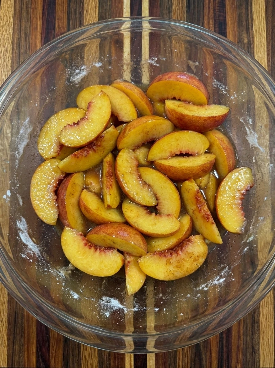 Peach slices tossed with sugar and spices for Best Ever Peach Cobbler.