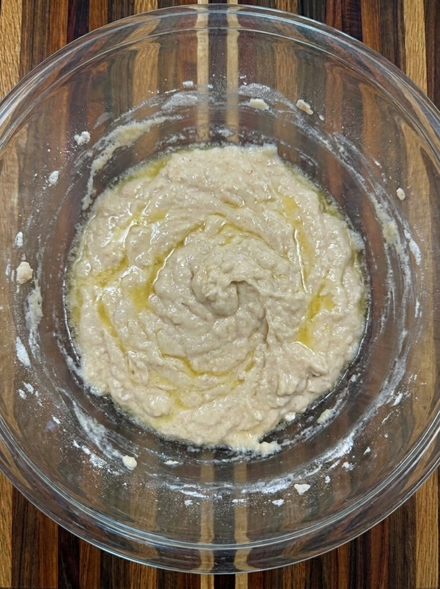Cobbler topping batter mixed for Best Ever Peach Cobbler.