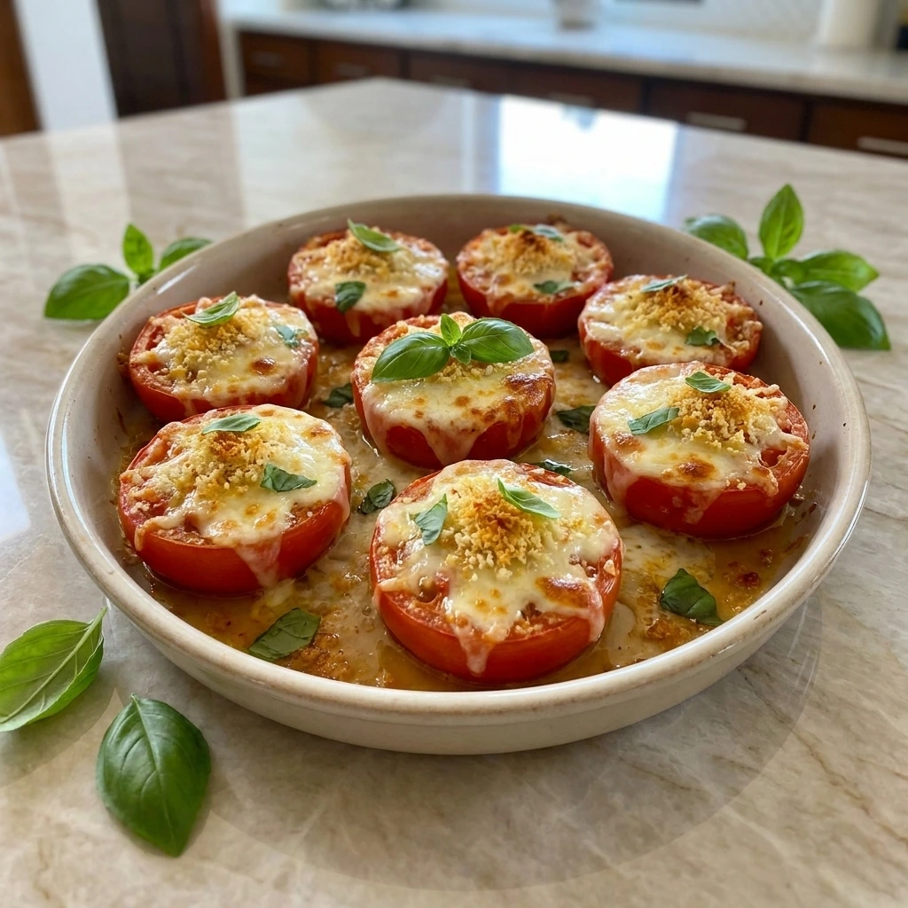 Cheesy Baked Tomatoes with melted cheese and golden crumbs in a ceramic baking dish