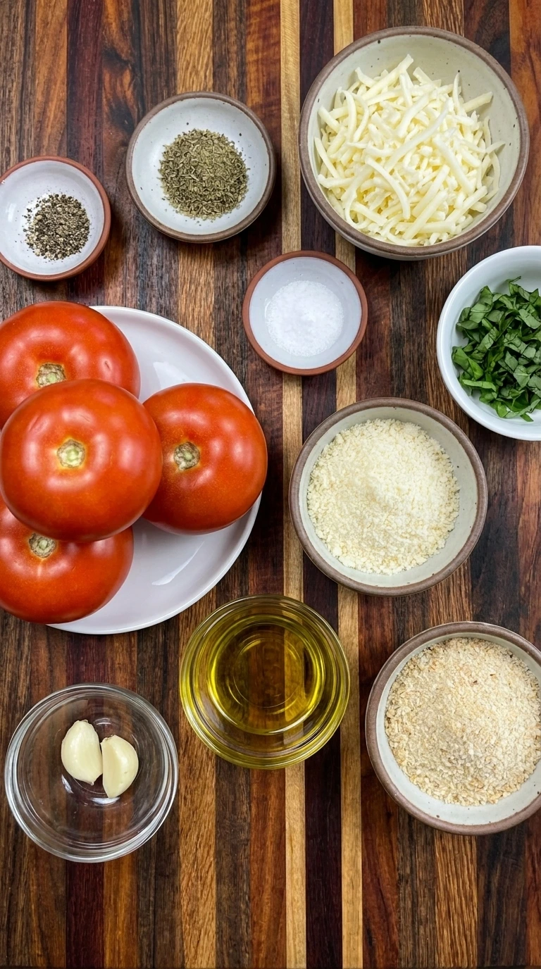 Ingredients for Cheesy Baked Tomatoes in separate small bowls and plates