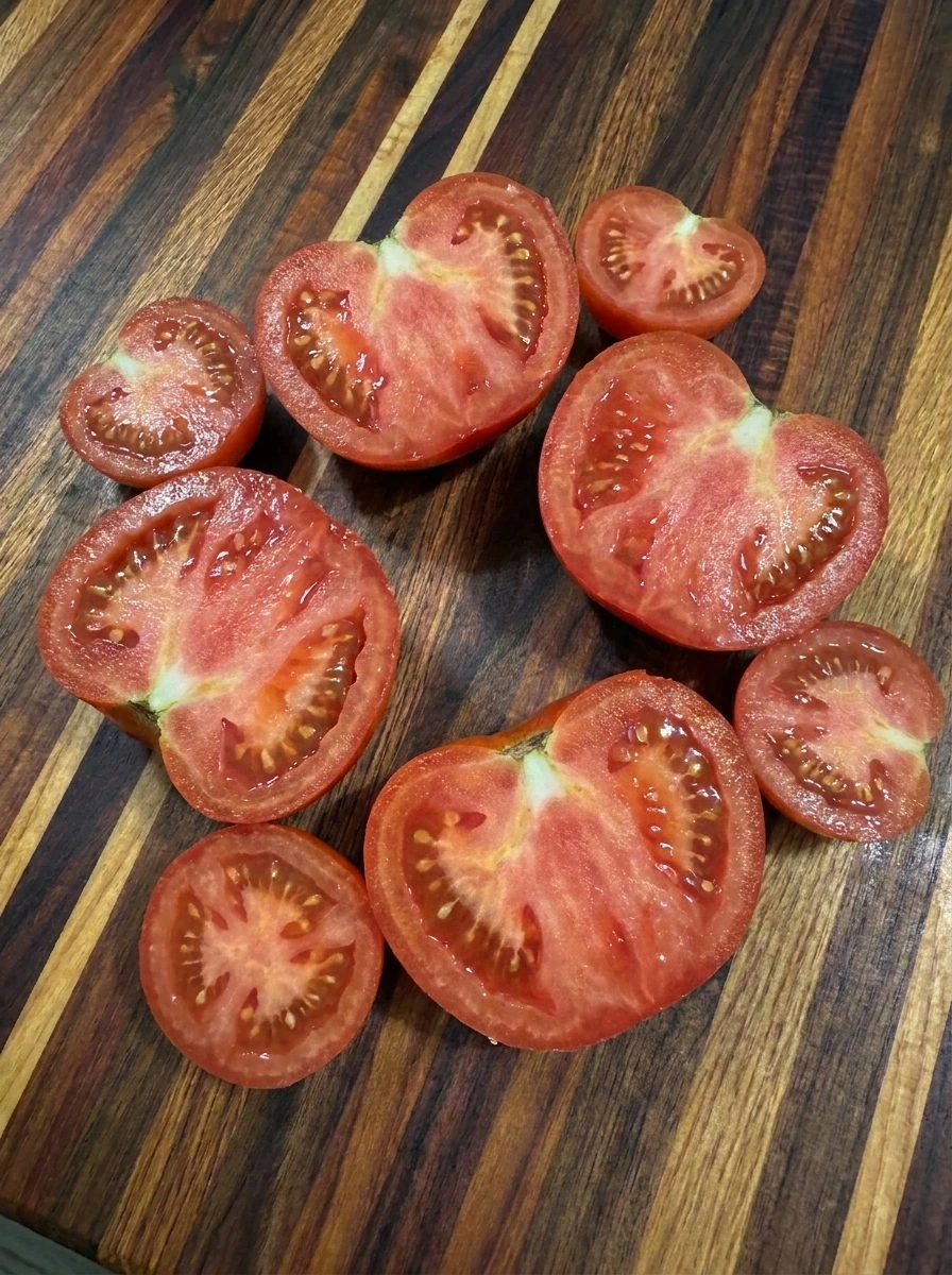 Eight halved tomatoes with juicy centers for Cheesy Baked Tomatoes