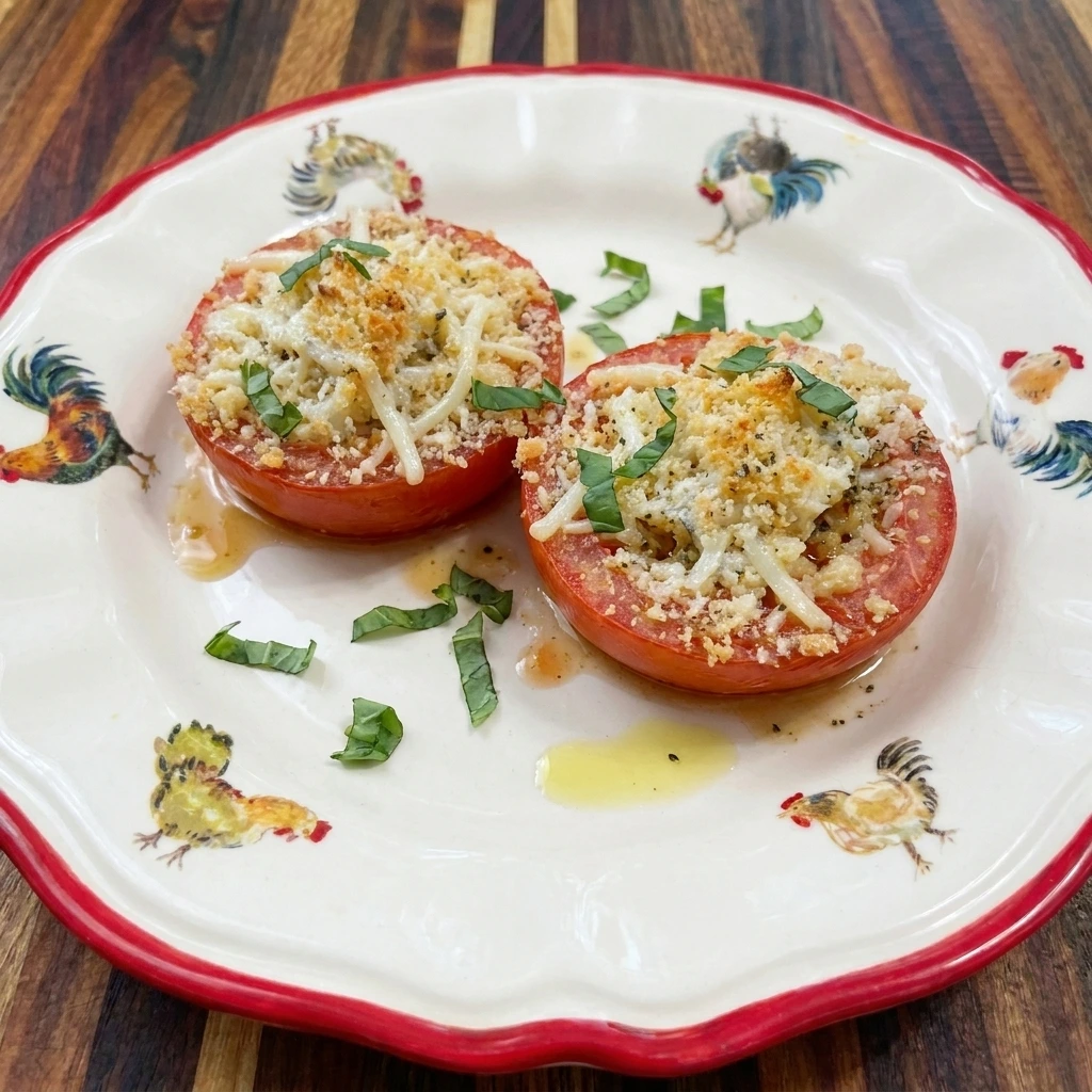 Single serving of Cheesy Baked Tomatoes with basil and melted cheese