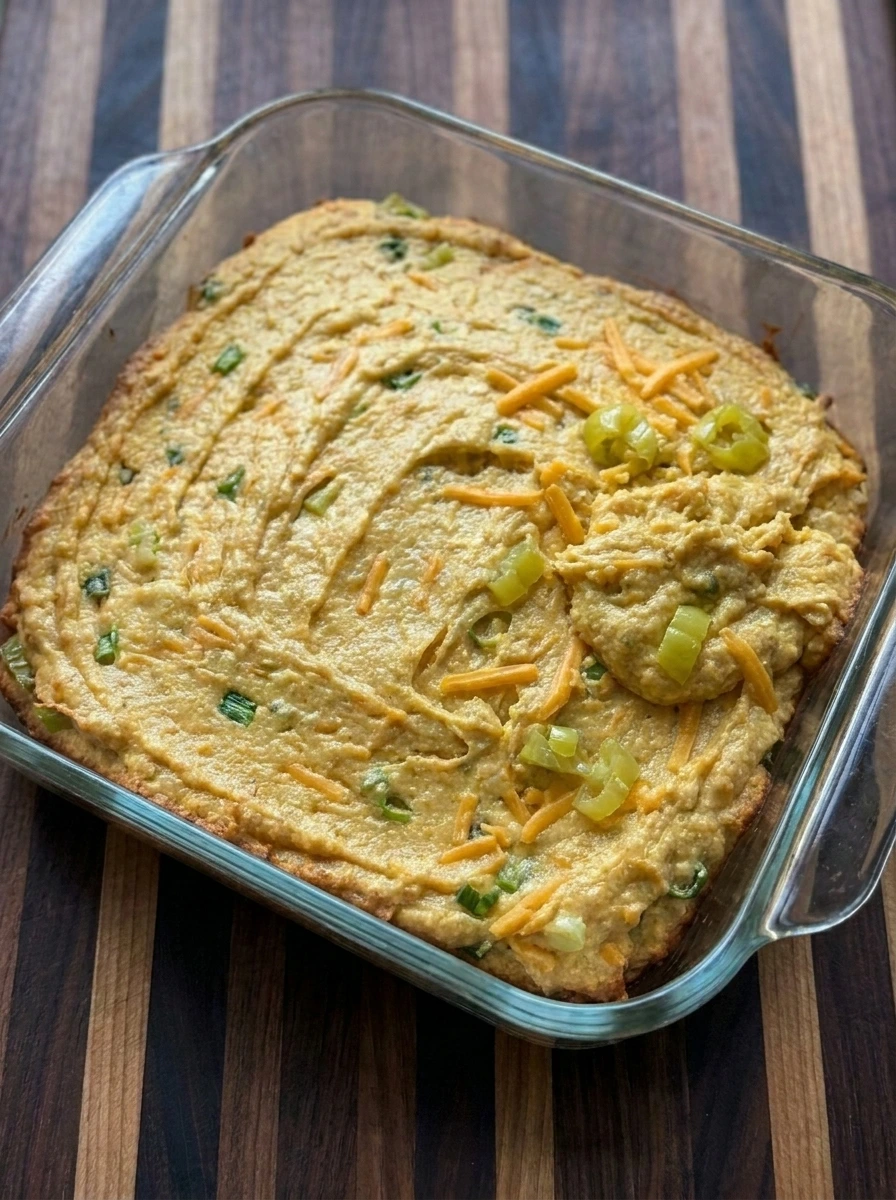 Baked Cheesy Banana Pepper Cornbread with golden edges and melted cheese