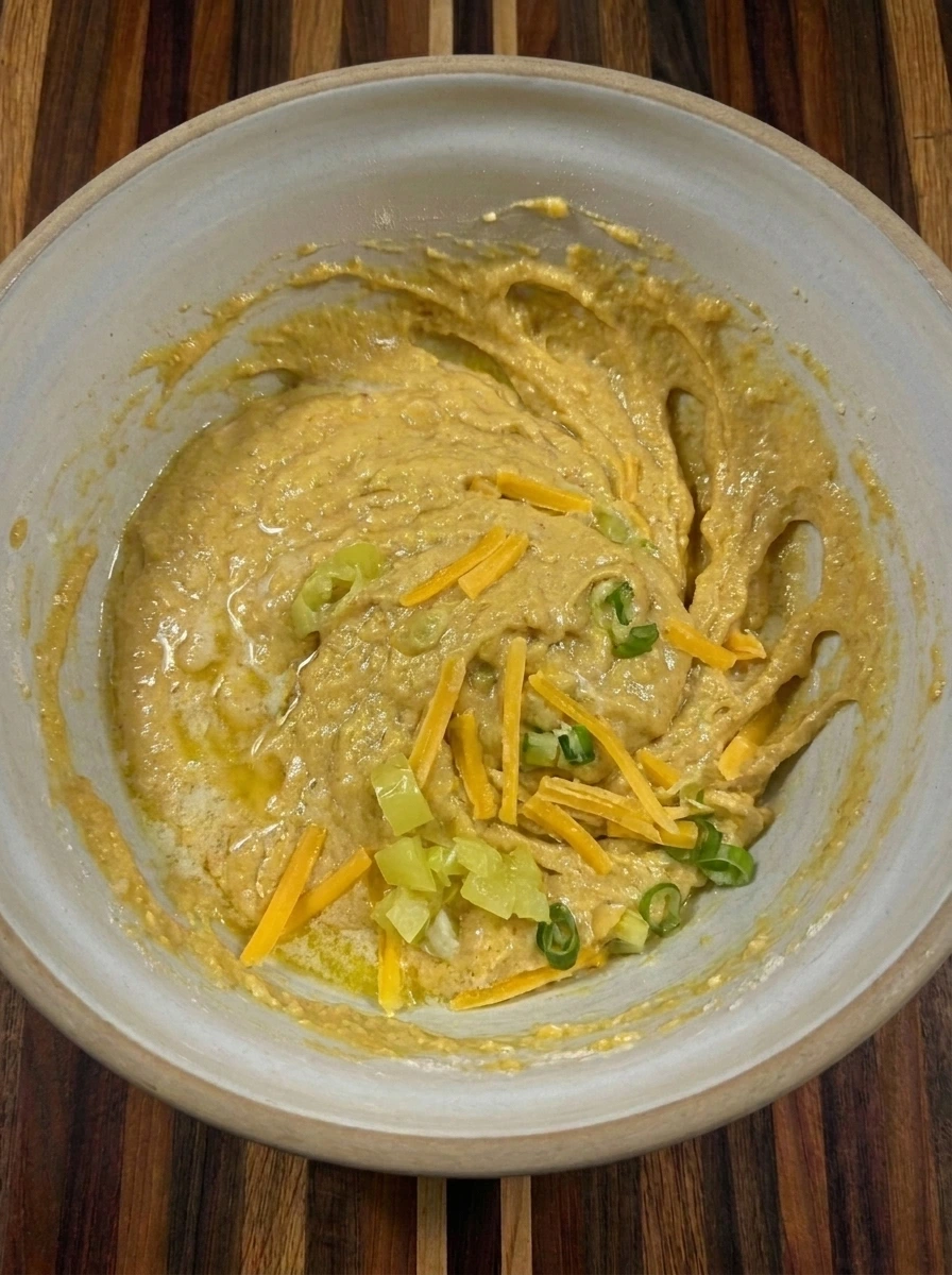 Cheddar and banana peppers folded into Cheesy Banana Pepper Cornbread batter