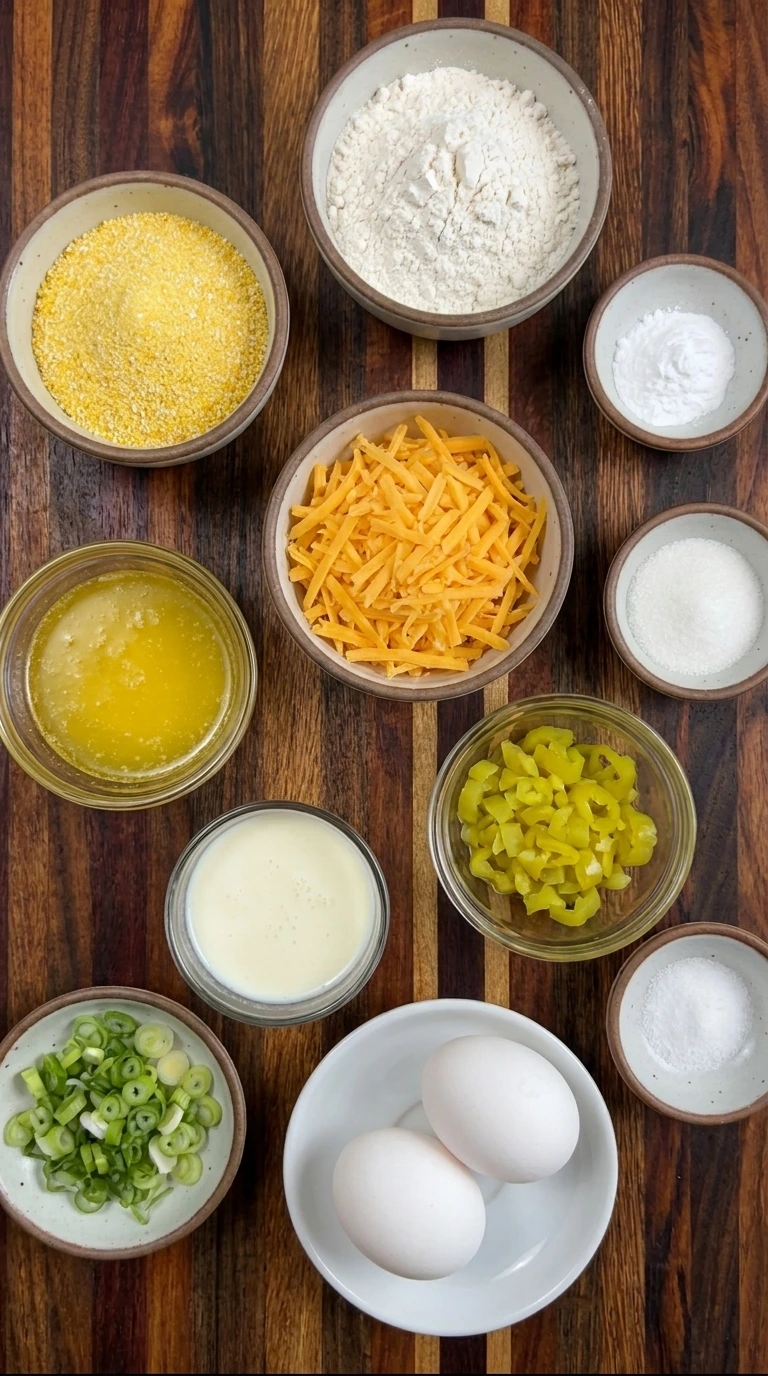 Ingredients for Cheesy Banana Pepper Cornbread arranged in separate small containers