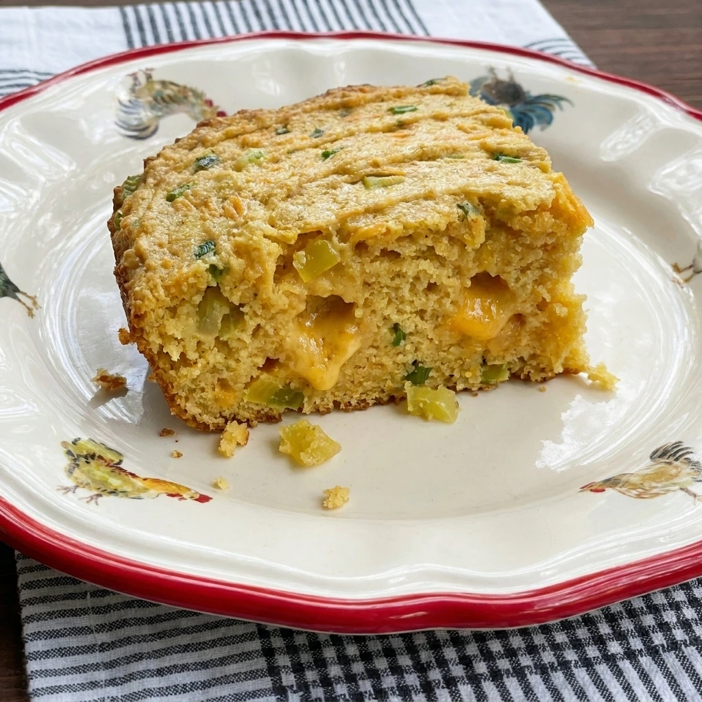 Single slice of Cheesy Banana Pepper Cornbread showing cheesy tender inside