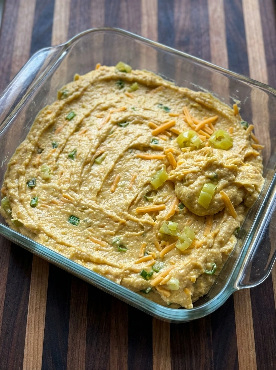Unbaked Cheesy Banana Pepper Cornbread batter spread in a baking dish