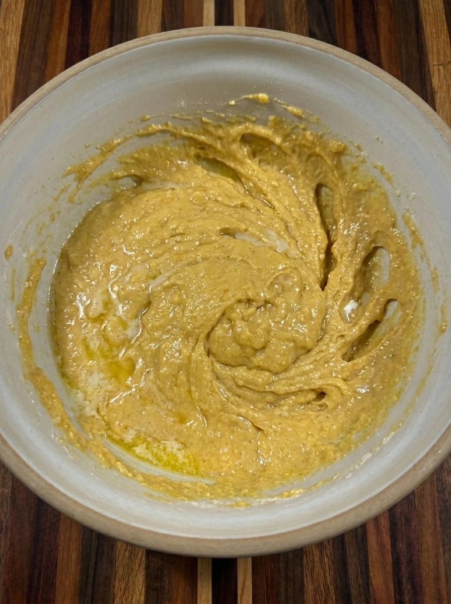 Wet batter mixed for Cheesy Banana Pepper Cornbread