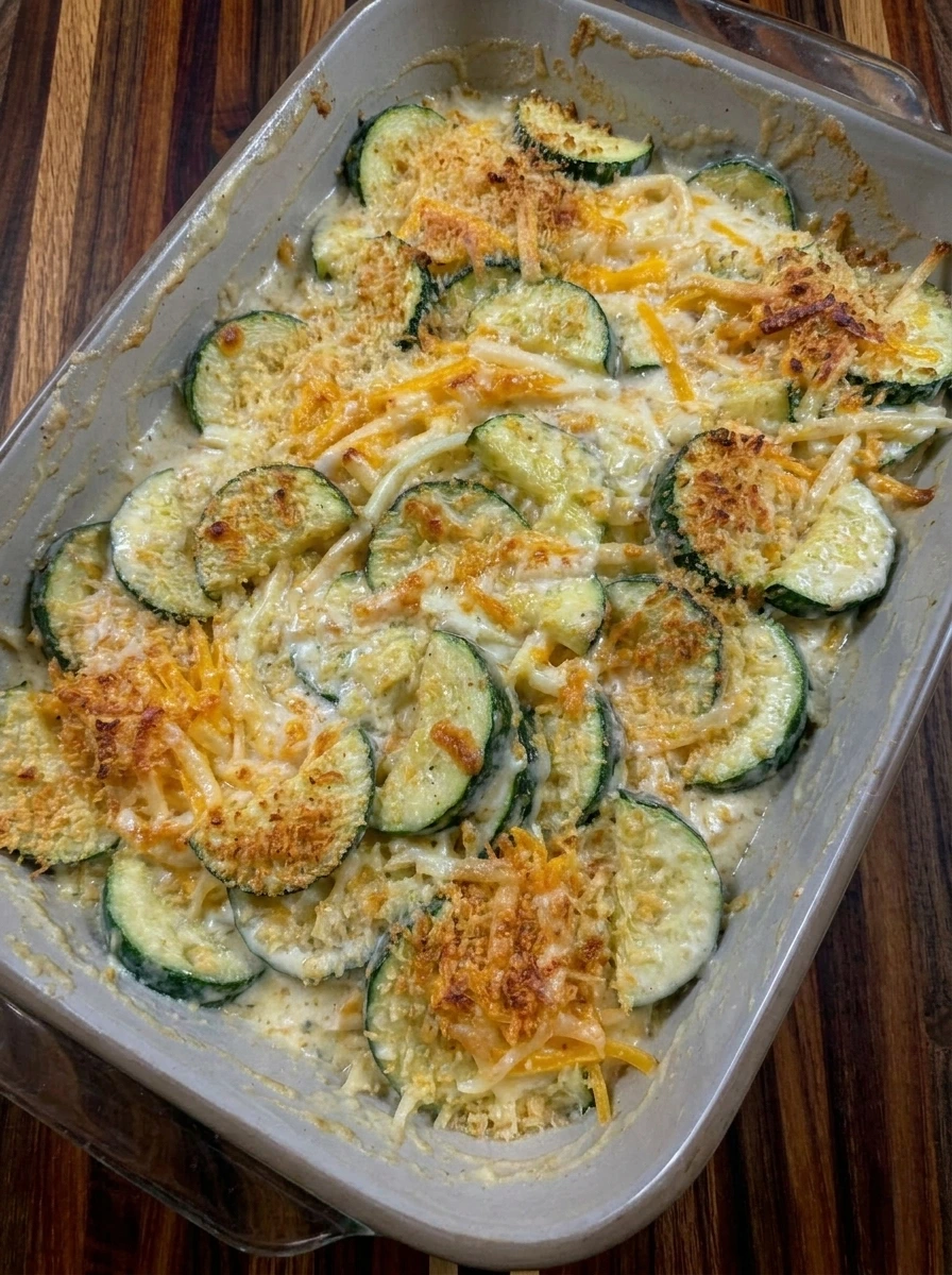 Baked Cheesy Zucchini Casserole with golden topping
