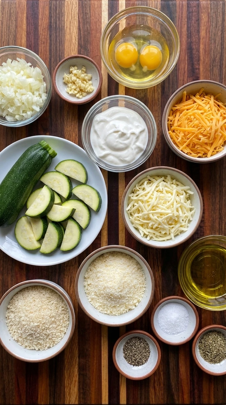 Raw ingredients for Cheesy Zucchini Casserole in separate bowls