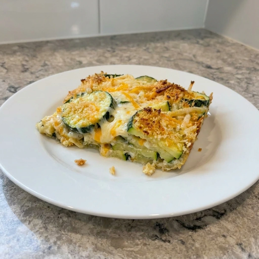 Single serving of Cheesy Zucchini Casserole on a plate