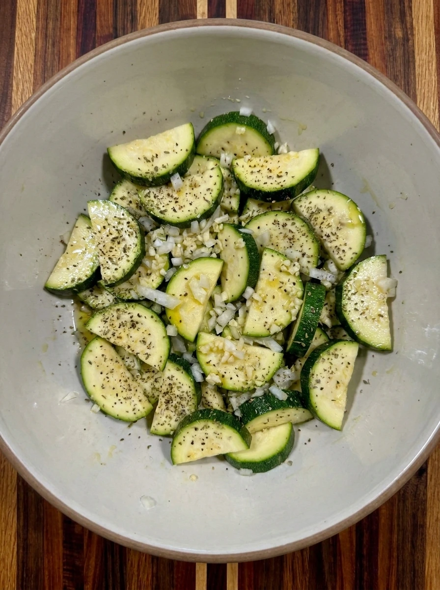 Sliced zucchini mixed with onion garlic oil and herbs