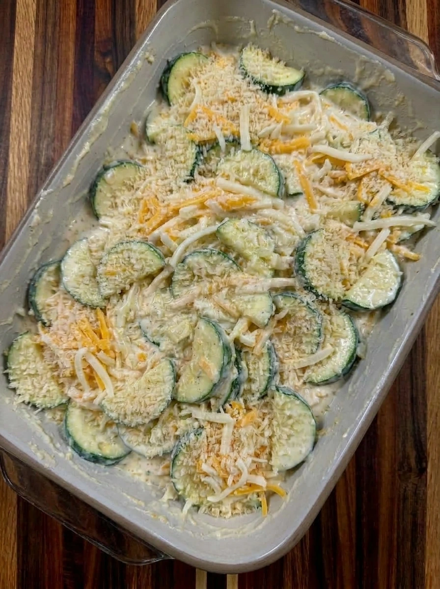Cheesy zucchini mixture in baking dish with panko topping