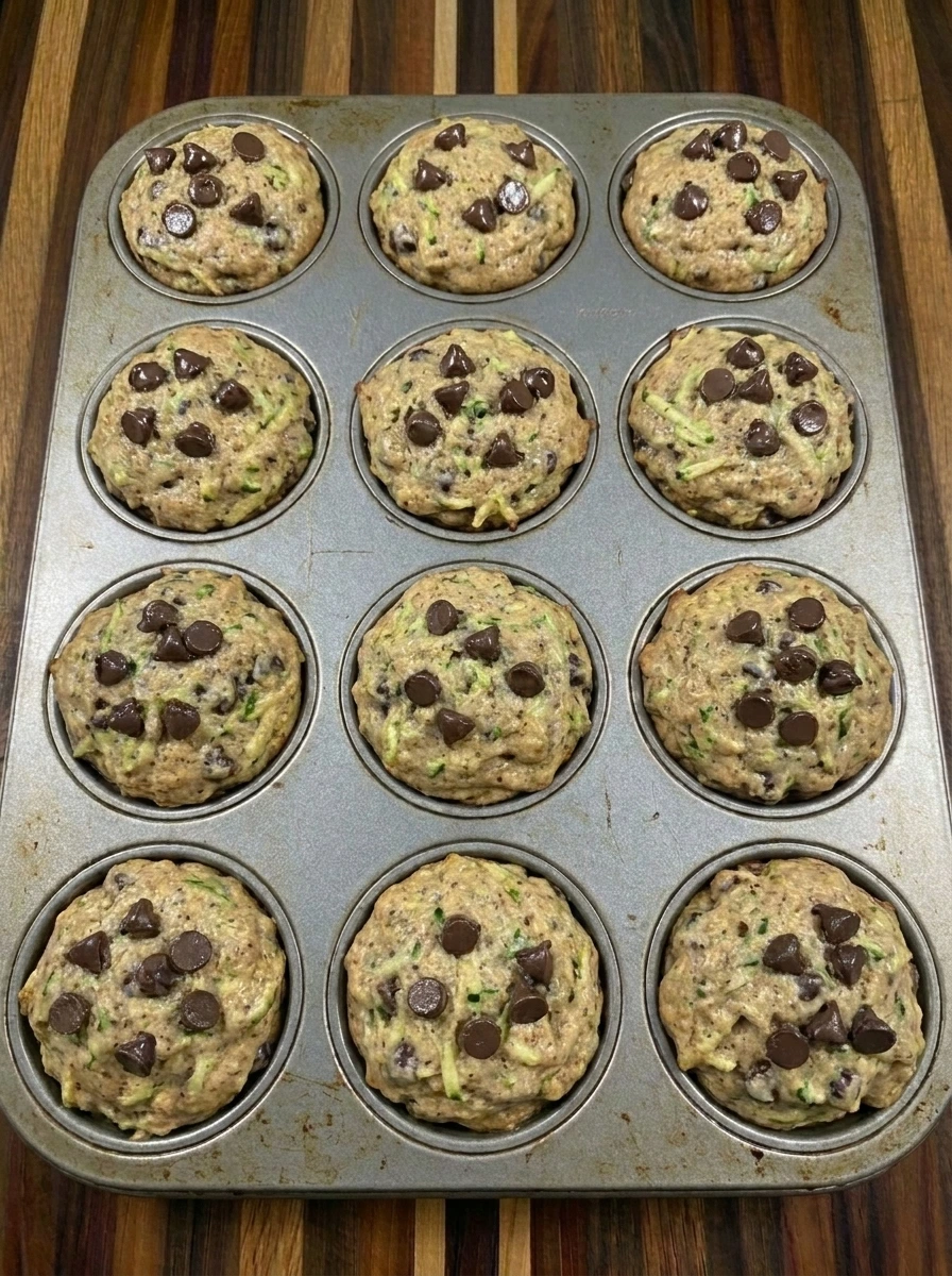 Baked Chocolate Chip Zucchini Muffins in a muffin tin