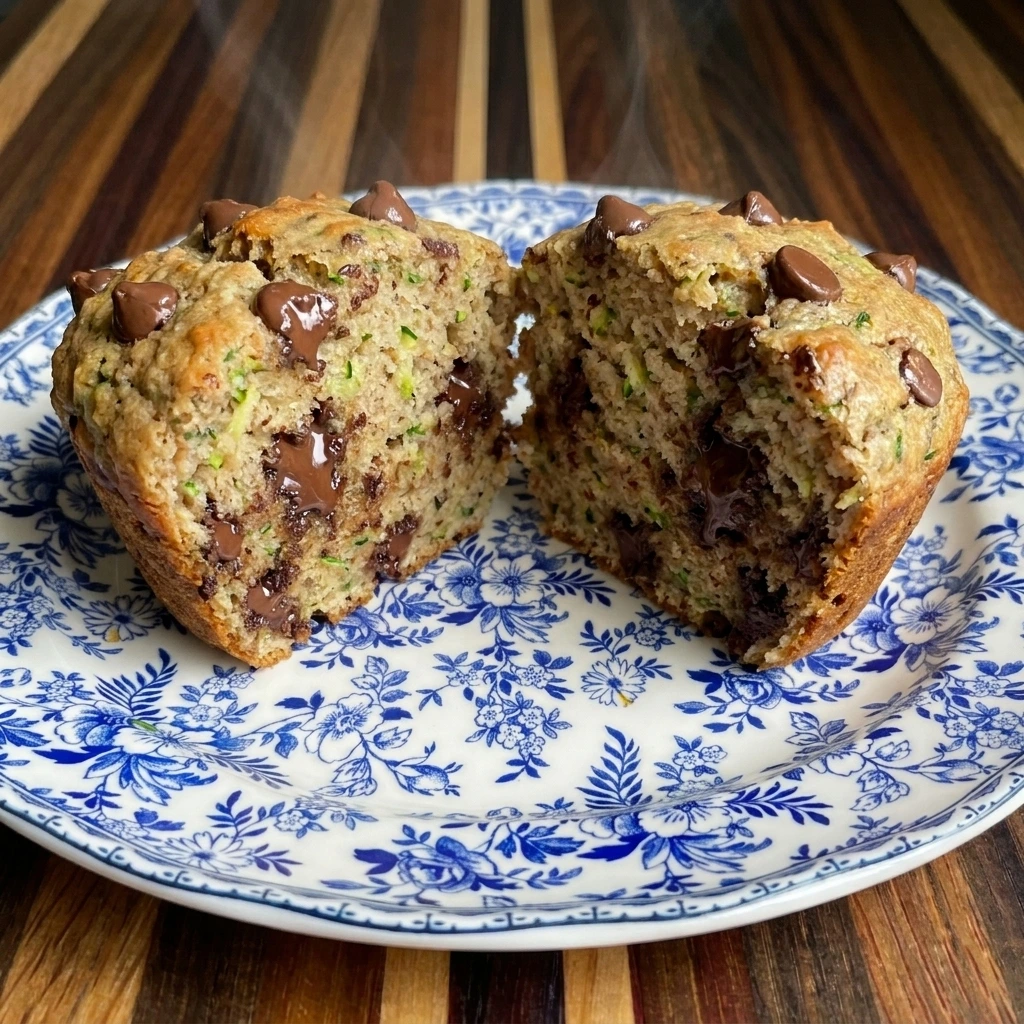 Split Chocolate Chip Zucchini Muffin showing soft crumb